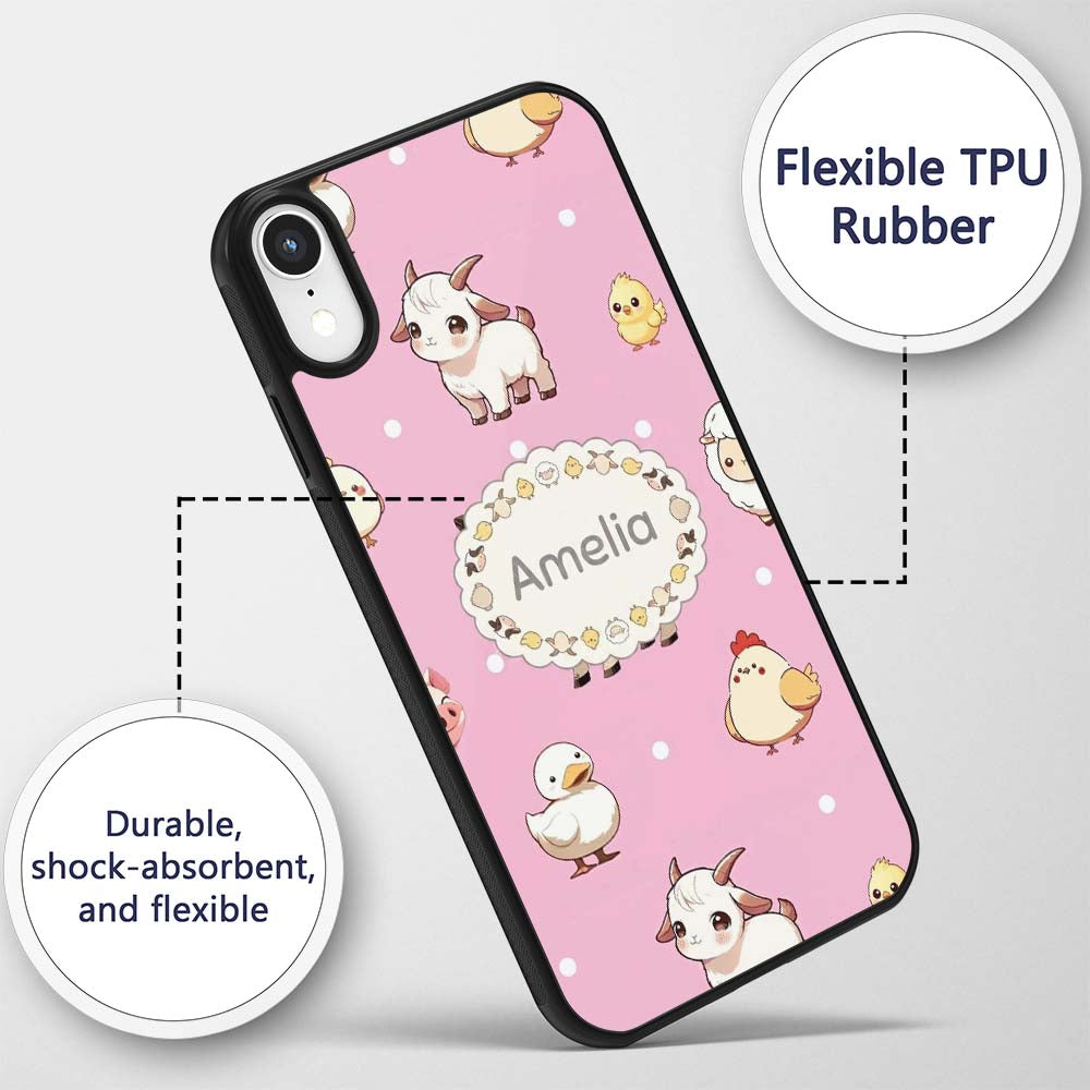 Cute Farm Animals Cow Pig Duck Chicken Soft Pink Custom Name Protective Phone Case Mobile Cover Durable Everyday Smartphone Shock Resistant