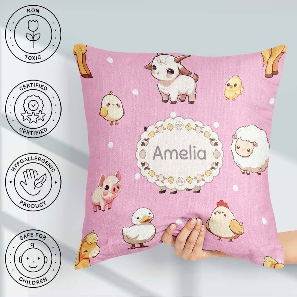 Custom Name Cute Farm Animals Cow Pig Duck Soft Pink Background Square Filled Cushion Throw Pillow Sofa Bed Home Decor Zip Washable UK Made