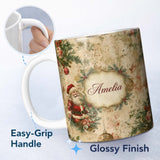 Personalized Custom Name Rustic Vintage Santa Pine Branch Ornament Seamless Pattern Lovely 11oz Ceramic Coffee Tea Mug White Large Handle