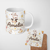 Personalized Custom Name Cute Farm Animals Cow Pig Duck Chicken Grey Dot Background Seamless 11oz Ceramic Coffee Tea Mug White Large Handle