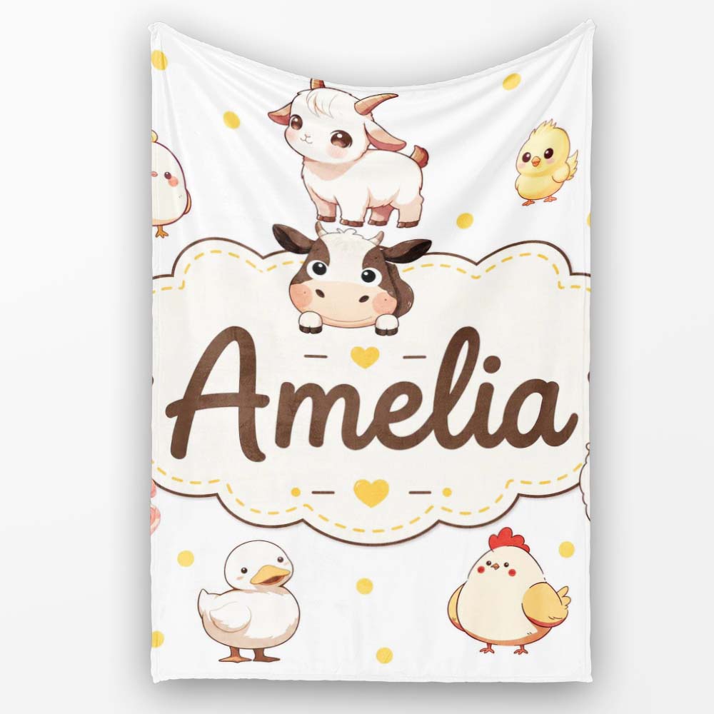 Cute Farm Animals Cow Pig Duck Chicken Grey Dot Background Seamless  Personalised Custom Name Super Soft Fleece Blanket Bed Sofa Throw