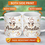 Personalized Custom Name Cute Farm Animals Cow Pig Duck Chicken Grey Dot Background Seamless 11oz Ceramic Coffee Tea Mug White Large Handle