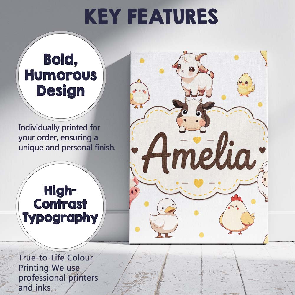 Personalised Name Cute Farm Animals Cow Pig Custom  Bespoke Interior Contemporary Canvas Wall Art Print Decor Picture Ready to Hang