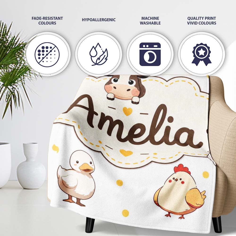 Cute Farm Animals Cow Pig Duck Chicken Grey Dot Background Seamless  Personalised Custom Name Super Soft Fleece Blanket Bed Sofa Throw