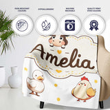 Cute Farm Animals Cow Pig Duck Chicken Grey Dot Background Seamless  Personalised Custom Name Super Soft Fleece Blanket Bed Sofa Throw