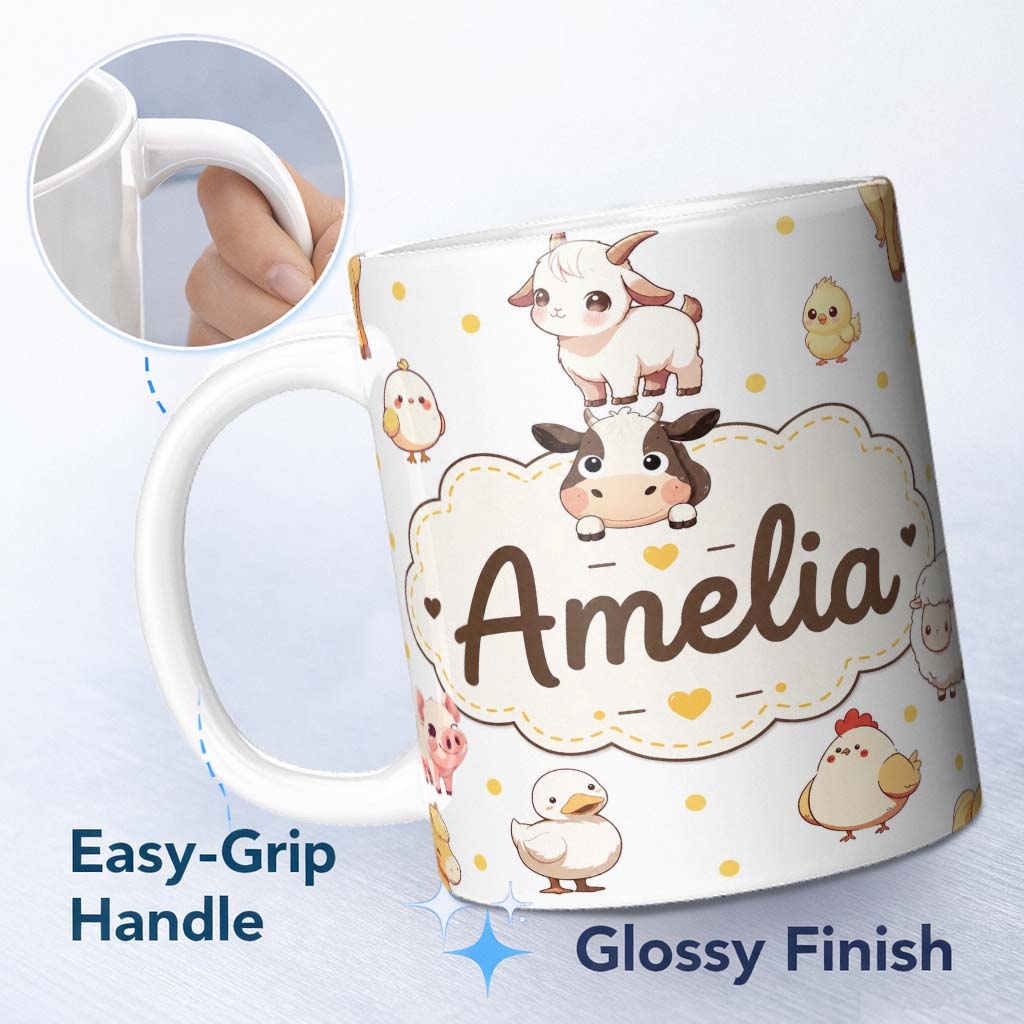 Personalized Custom Name Cute Farm Animals Cow Pig Duck Chicken Grey Dot Background Seamless 11oz Ceramic Coffee Tea Mug White Large Handle