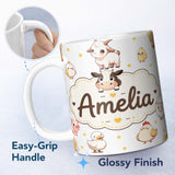 Personalized Custom Name Cute Farm Animals Cow Pig Duck Chicken Grey Dot Background Seamless 11oz Ceramic Coffee Tea Mug White Large Handle