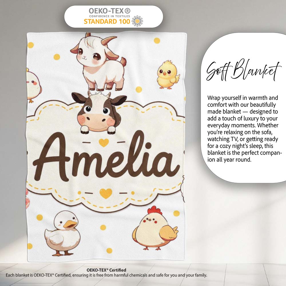 Cute Farm Animals Cow Pig Duck Chicken Grey Dot Background Seamless  Personalised Custom Name Super Soft Fleece Blanket Bed Sofa Throw