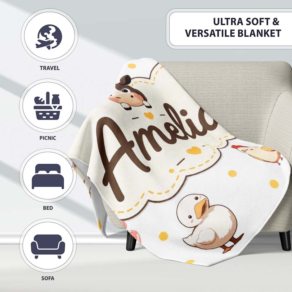 Cute Farm Animals Cow Pig Duck Chicken Grey Dot Background Seamless  Personalised Custom Name Super Soft Fleece Blanket Bed Sofa Throw