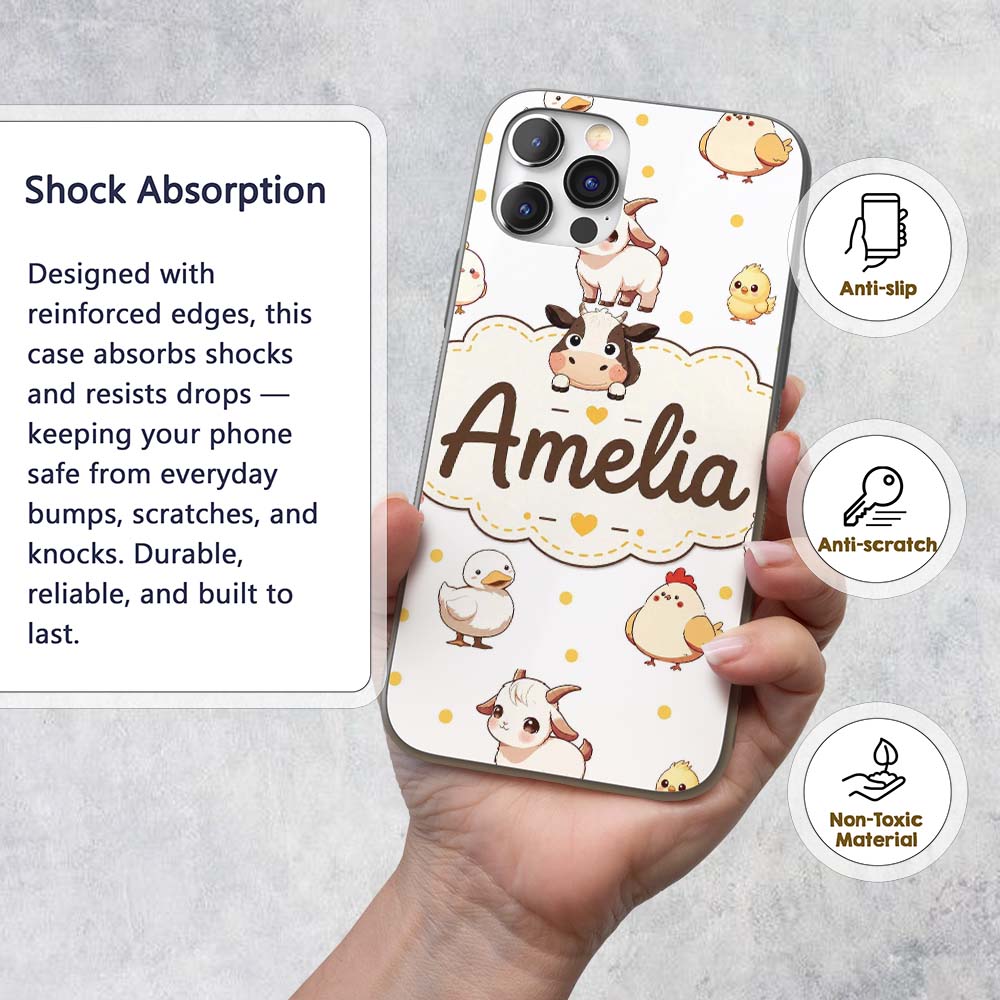Cute Farm Animals Cow Pig Duck Chicken Grey Dot Custom Name Protective Phone Case Mobile Cover Durable Everyday Smartphone Shock Resistant