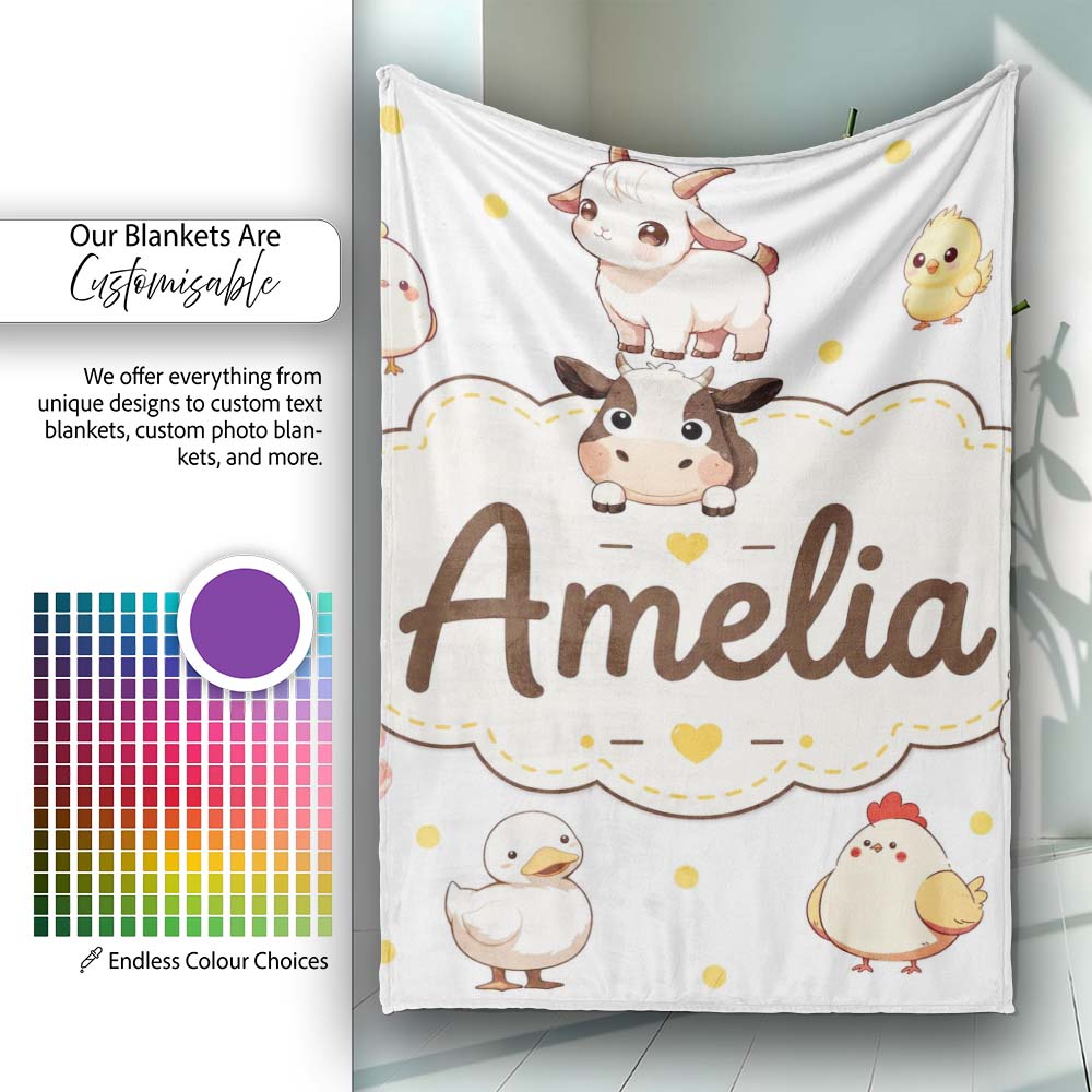 Cute Farm Animals Cow Pig Duck Chicken Grey Dot Background Seamless  Personalised Custom Name Super Soft Fleece Blanket Bed Sofa Throw