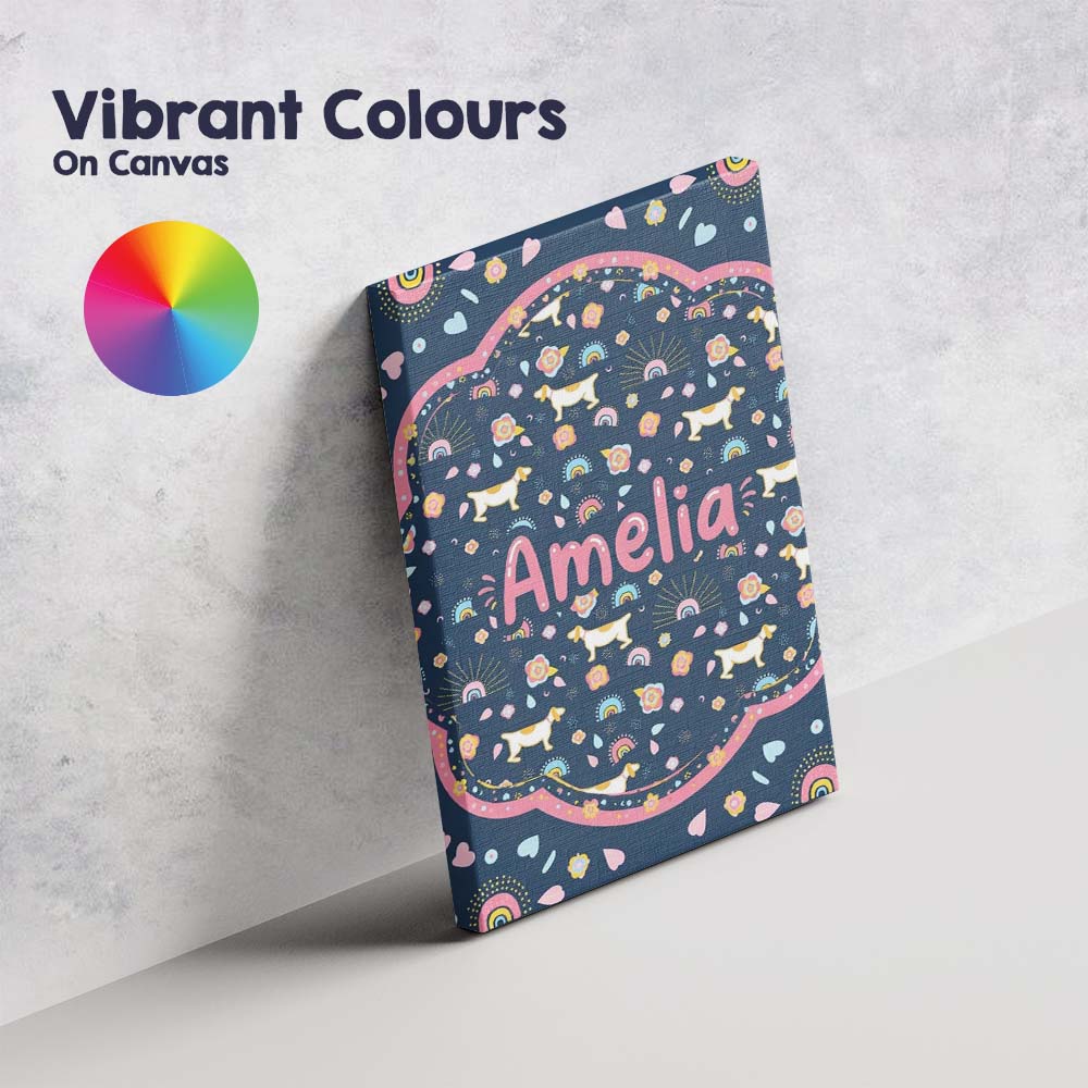 Personalised Name Boho Dog Floral Rainbow Navy Background Seamless Custom  Unique Canvas Wall Art Print Decor Picture Ready to Hang