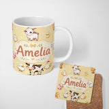 Personalized Custom Name Cute Farm Animals Cow Pig Duck Chicken Yellow Background Seamless 11oz Ceramic Coffee Tea Mug White Large Handle