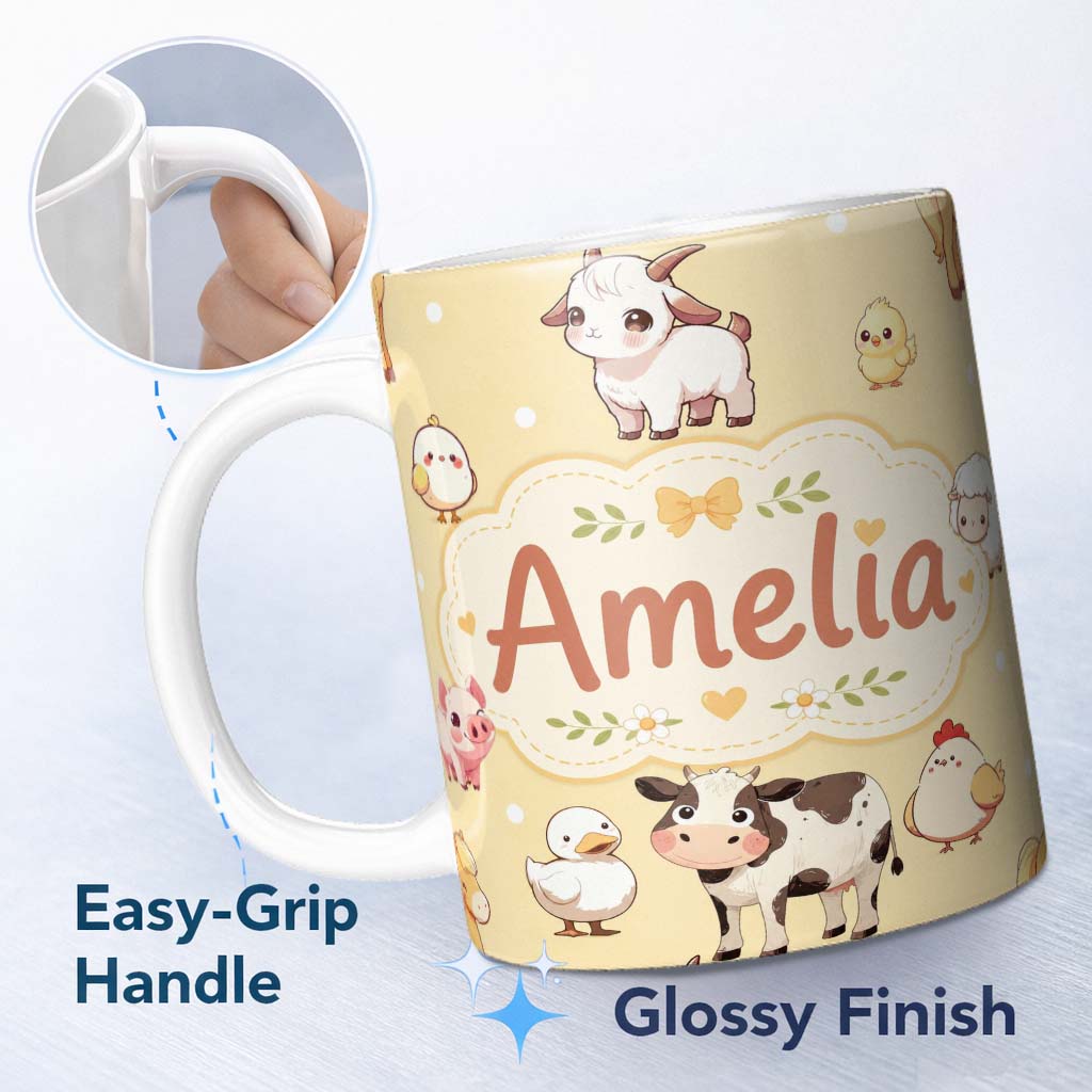Personalized Custom Name Cute Farm Animals Cow Pig Duck Chicken Yellow Background Seamless 11oz Ceramic Coffee Tea Mug White Large Handle