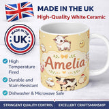 Personalized Custom Name Cute Farm Animals Cow Pig Duck Chicken Yellow Background Seamless 11oz Ceramic Coffee Tea Mug White Large Handle