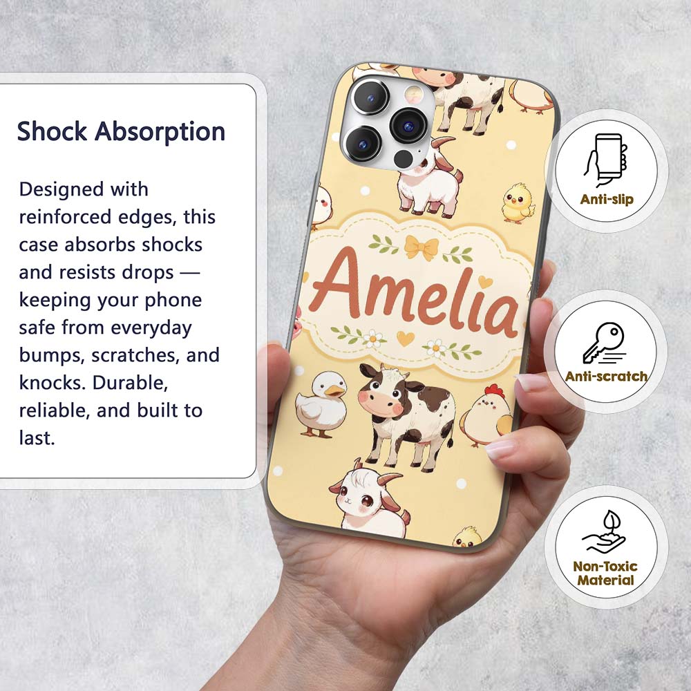 Cute Farm Animals Cow Pig Duck Chicken Yellow Custom Name Protective Phone Case Mobile Cover Durable Everyday Smartphone Shock Resistant