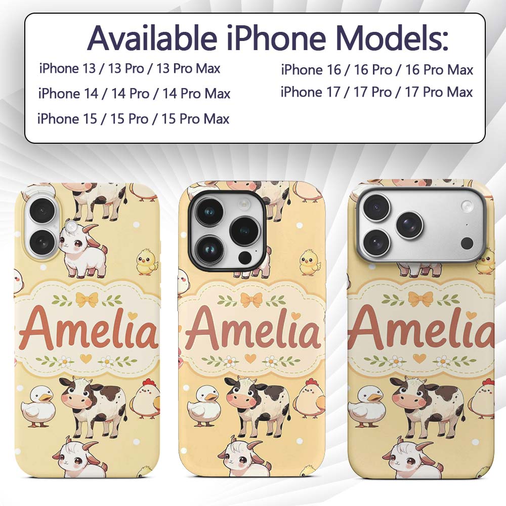 Cute Farm Animals Cow Pig Duck Chicken Yellow Custom Name Protective Phone Case Mobile Cover Durable Everyday Smartphone Shock Resistant