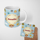 Personalized Custom Name Cute Farm Tractor Duck Girl Farming Scene Blue Background Seamless 11oz Ceramic Coffee Tea Mug White Large Handle