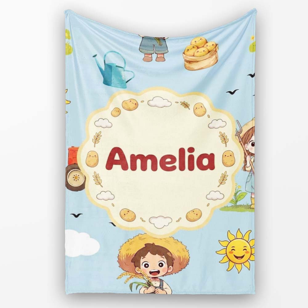 Cute Farm Tractor Duck Girl Farming Scene Blue Background Seamless  Personalised Custom Name Super Soft Fleece Blanket Bed Sofa Throw