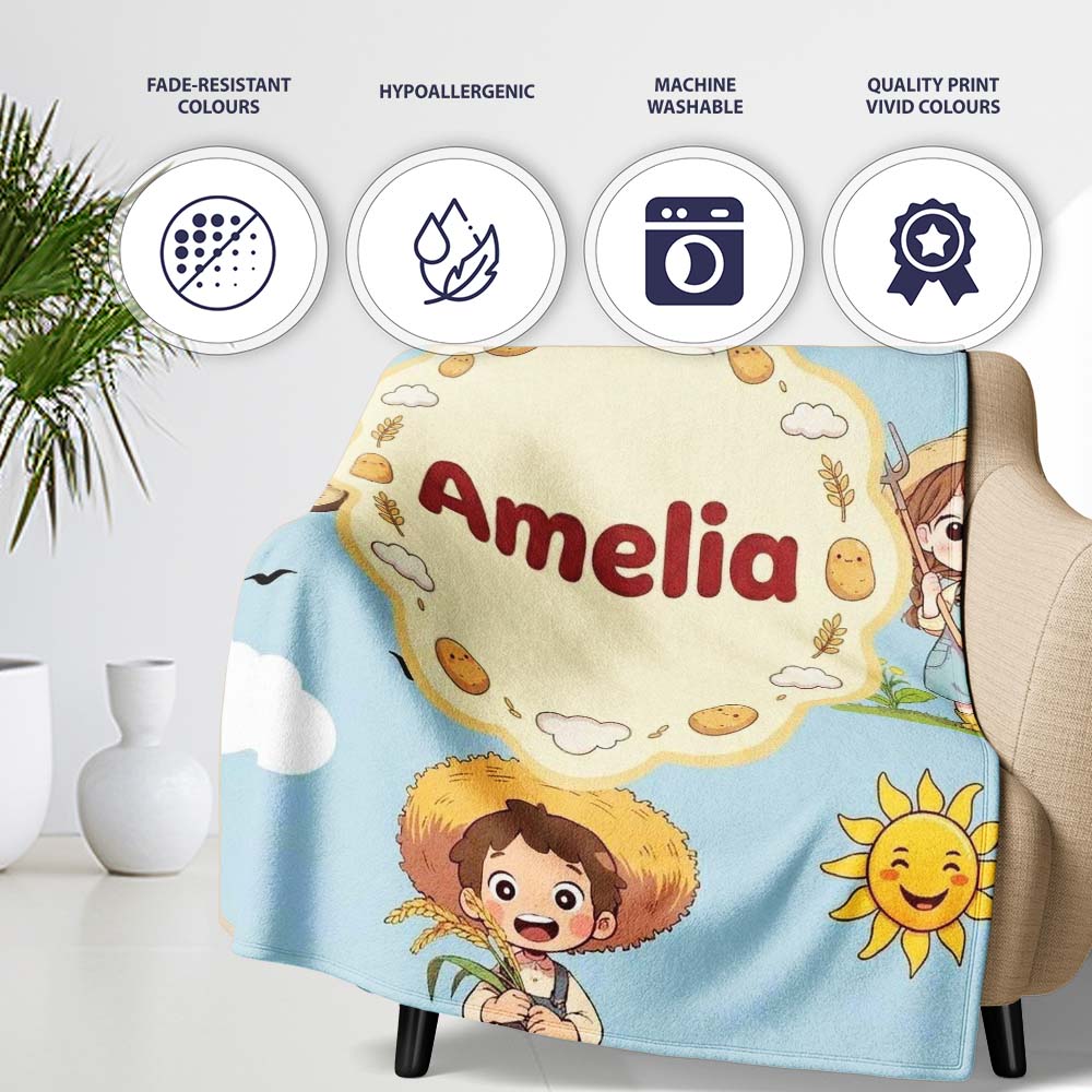 Cute Farm Tractor Duck Girl Farming Scene Blue Background Seamless  Personalised Custom Name Super Soft Fleece Blanket Bed Sofa Throw