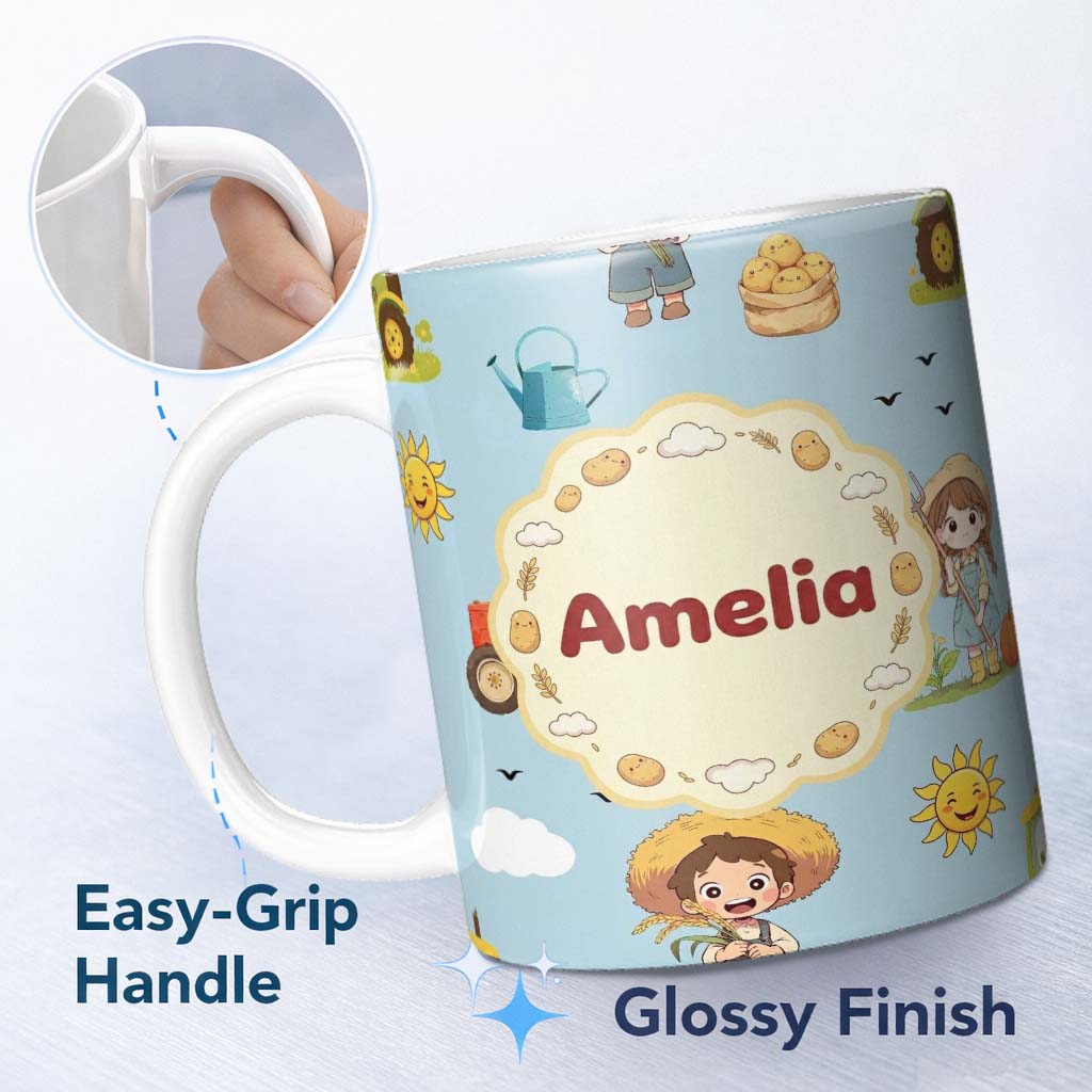 Personalized Custom Name Cute Farm Tractor Duck Girl Farming Scene Blue Background Seamless 11oz Ceramic Coffee Tea Mug White Large Handle
