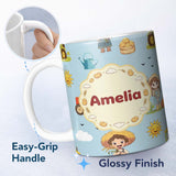 Personalized Custom Name Cute Farm Tractor Duck Girl Farming Scene Blue Background Seamless 11oz Ceramic Coffee Tea Mug White Large Handle