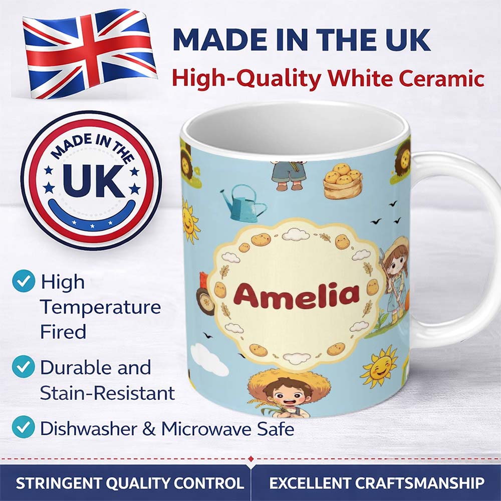 Personalized Custom Name Cute Farm Tractor Duck Girl Farming Scene Blue Background Seamless 11oz Ceramic Coffee Tea Mug White Large Handle