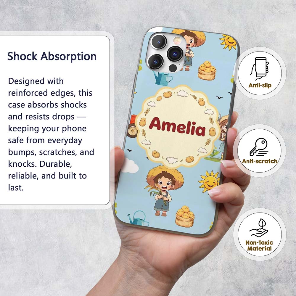 Cute Farm Tractor Duck Girl Farming Scene Blue Custom Name Protective Phone Case Mobile Cover Durable Everyday Smartphone Shock Resistant