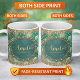Personalized Custom Name Teal Gold Fleur Moon Glitter Elegant Seamless Pattern Lovely 11oz Ceramic Coffee Tea Mug White Large Handle