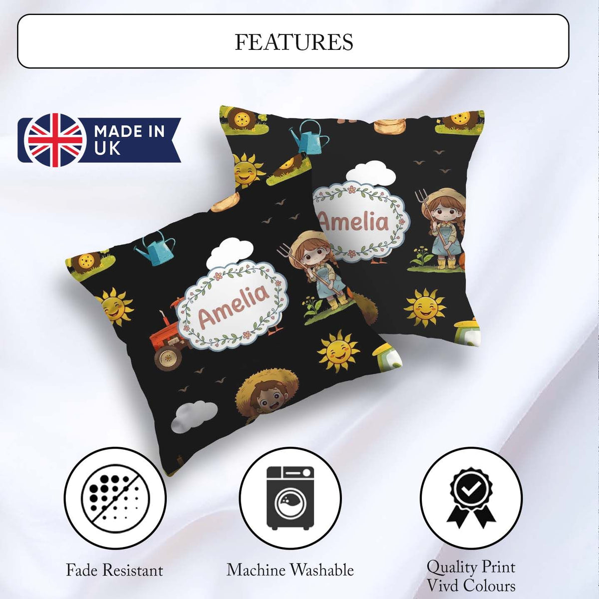 Custom Name Farm Tractor Duck Girl Farming Scene Black Seamless Square Filled Cushion Throw Pillow Sofa Bed Home Decor Zip Washable UK Made