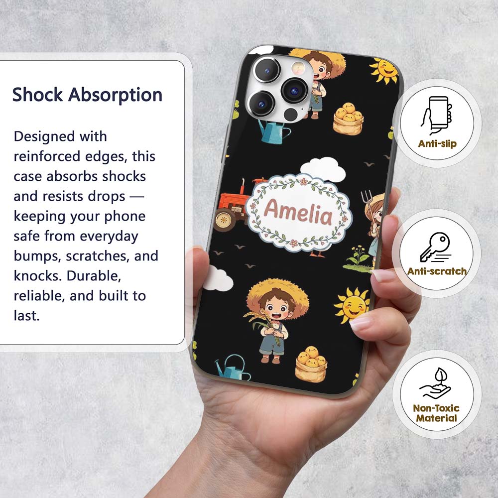 Cute Farm Tractor Duck Girl Farming Scene Black Custom Name Protective Phone Case Mobile Cover Durable Everyday Smartphone Shock Resistant