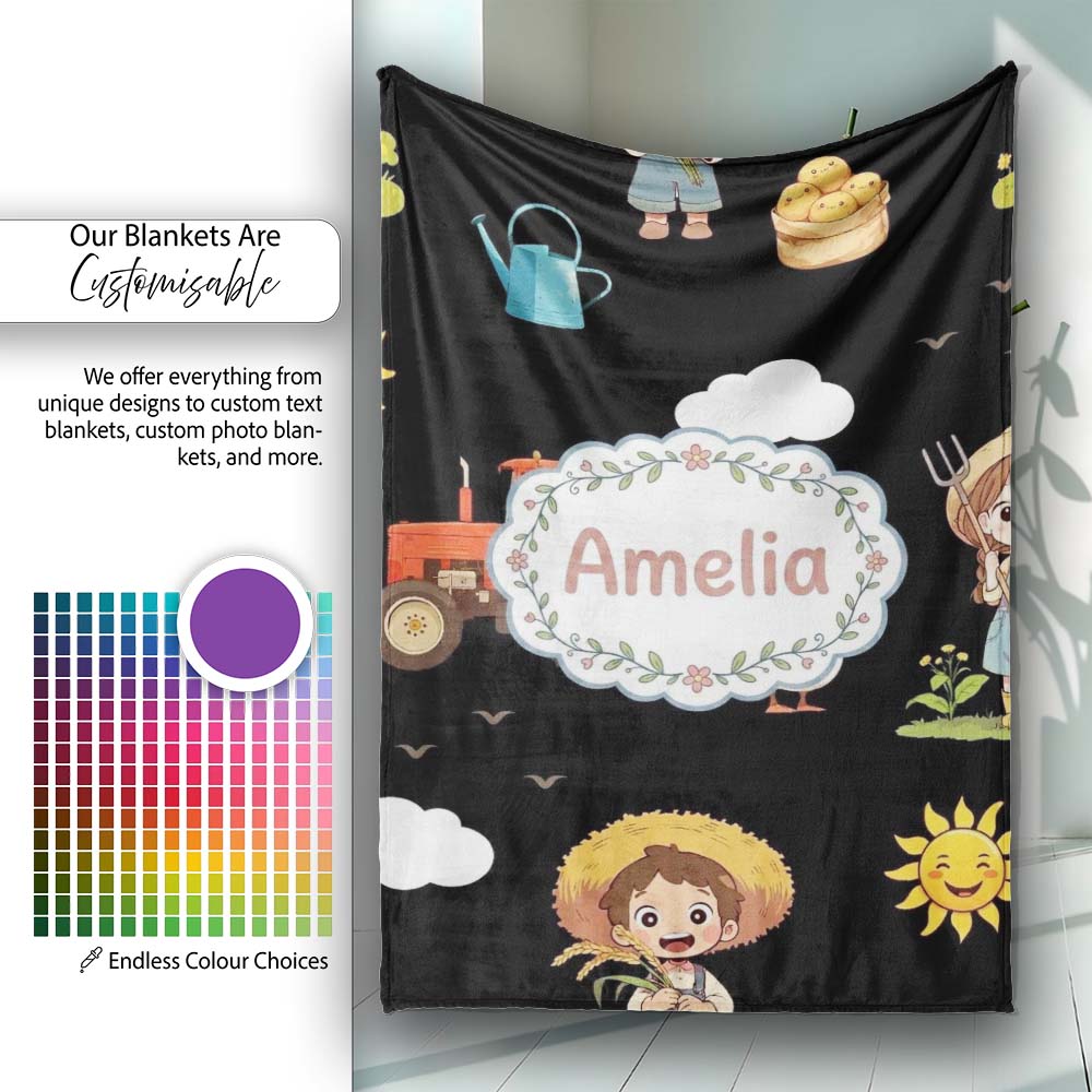 Cute Farm Tractor Duck Girl Farming Scene Black Background Seamless  Personalised Custom Name Super Soft Fleece Blanket Bed Sofa Throw