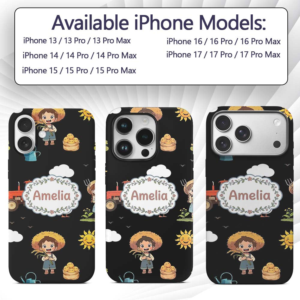 Cute Farm Tractor Duck Girl Farming Scene Black Custom Name Protective Phone Case Mobile Cover Durable Everyday Smartphone Shock Resistant