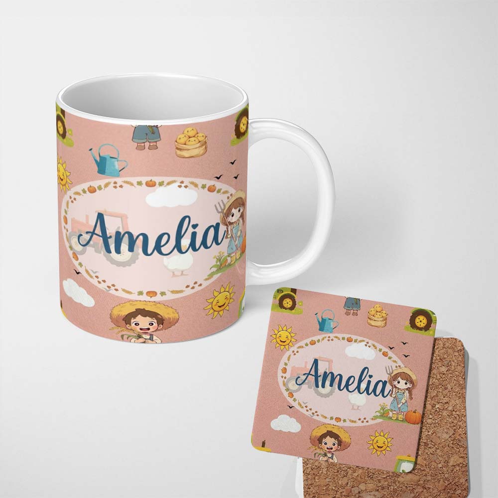 Personalized Custom Name Cute Farm Tractor Duck Girl Farming Scene Peach Background Seamless 11oz Ceramic Coffee Tea Mug White Large Handle