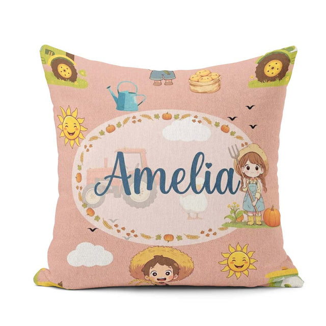 Custom Name Farm Tractor Duck Girl Farming Scene Peach Seamless Square Filled Cushion Throw Pillow Sofa Bed Home Decor Zip Washable UK Made