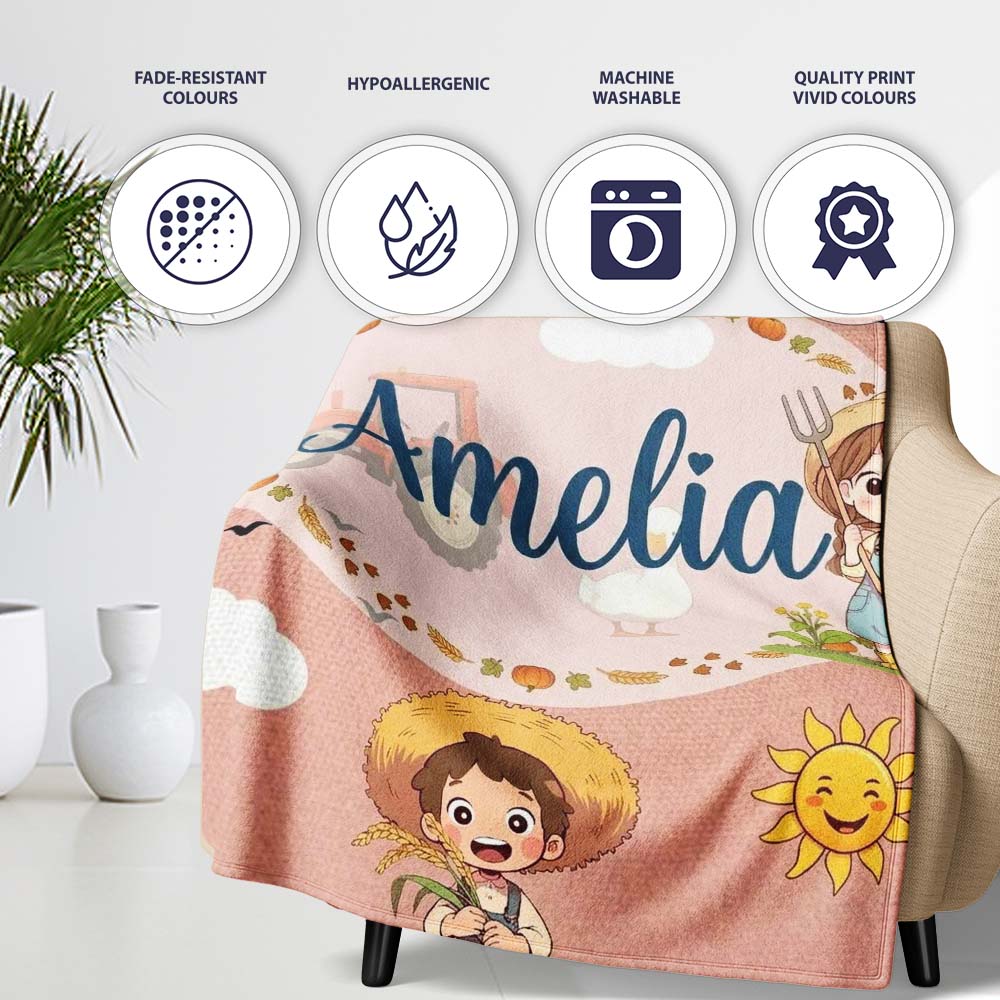 Cute Farm Tractor Duck Girl Farming Scene Peach Background Seamless  Personalised Custom Name Super Soft Fleece Blanket Bed Sofa Throw