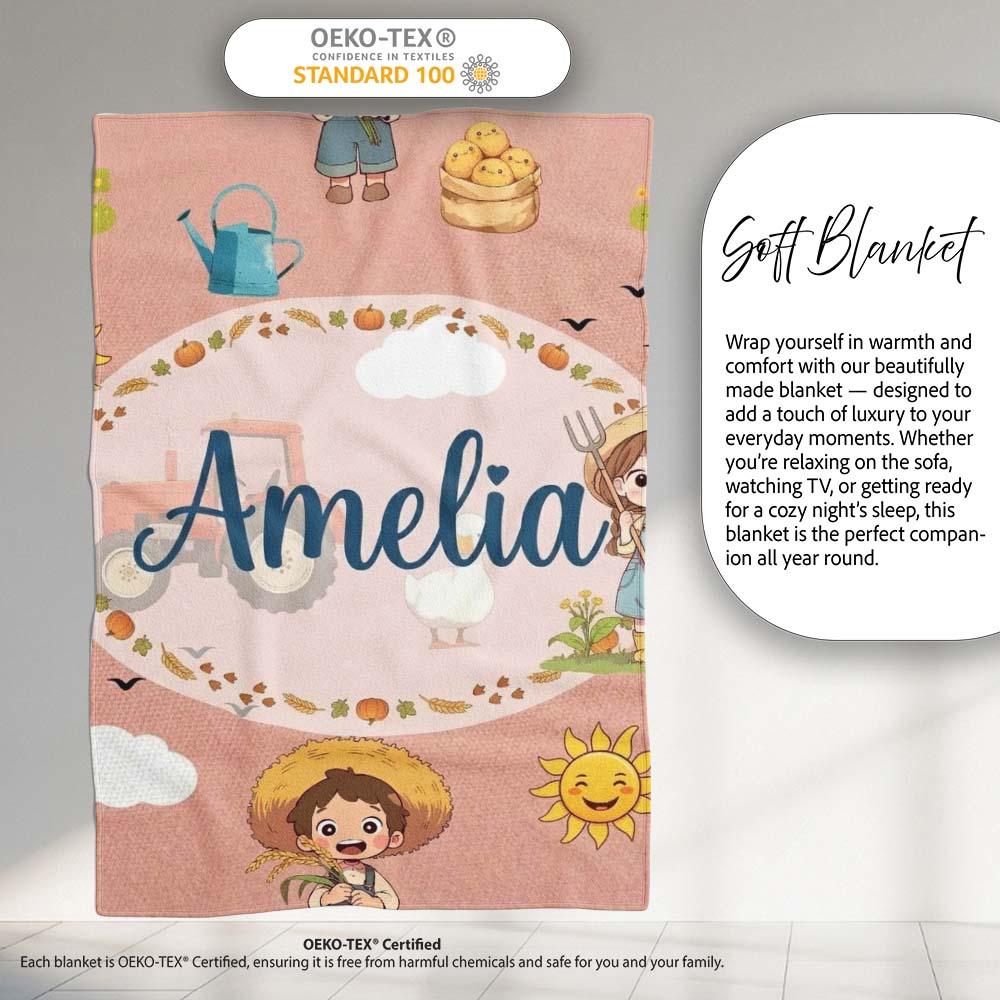 Cute Farm Tractor Duck Girl Farming Scene Peach Background Seamless  Personalised Custom Name Super Soft Fleece Blanket Bed Sofa Throw
