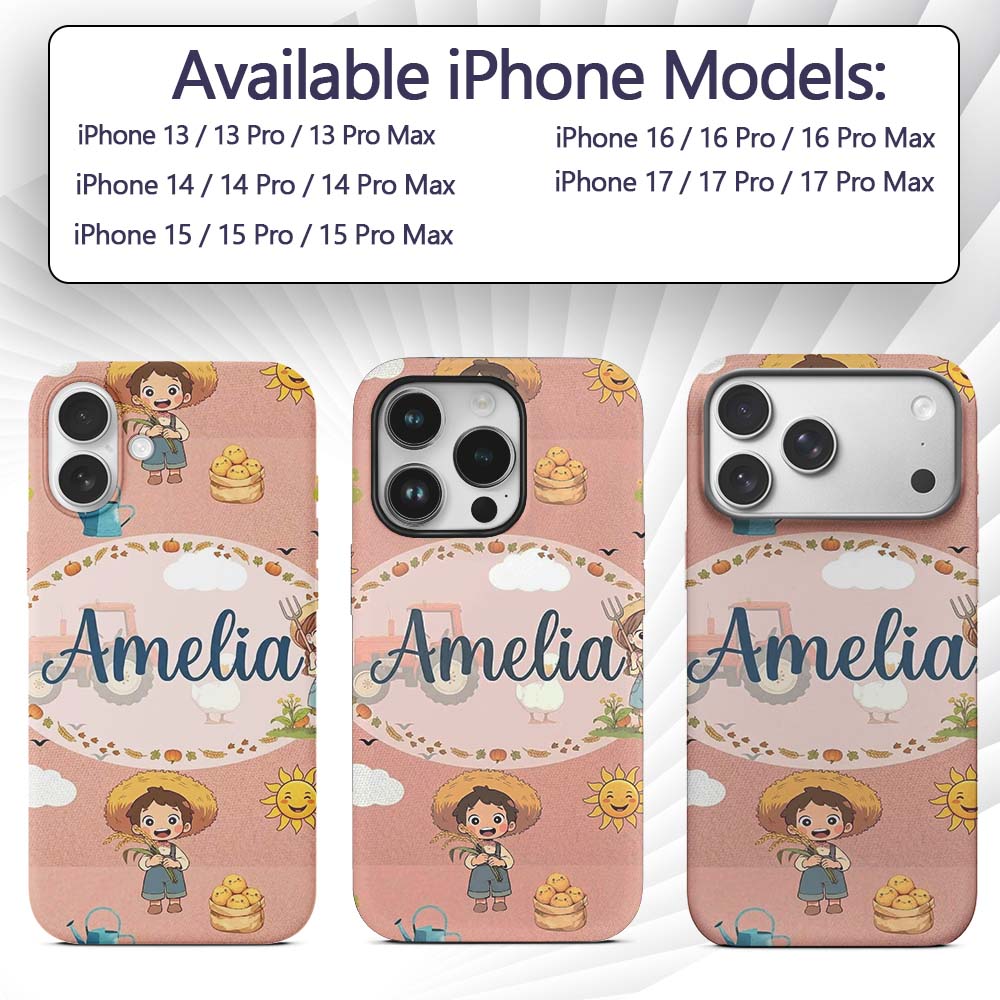 Cute Farm Tractor Duck Girl Farming Scene Peach Custom Name Protective Phone Case Mobile Cover Durable Everyday Smartphone Shock Resistant