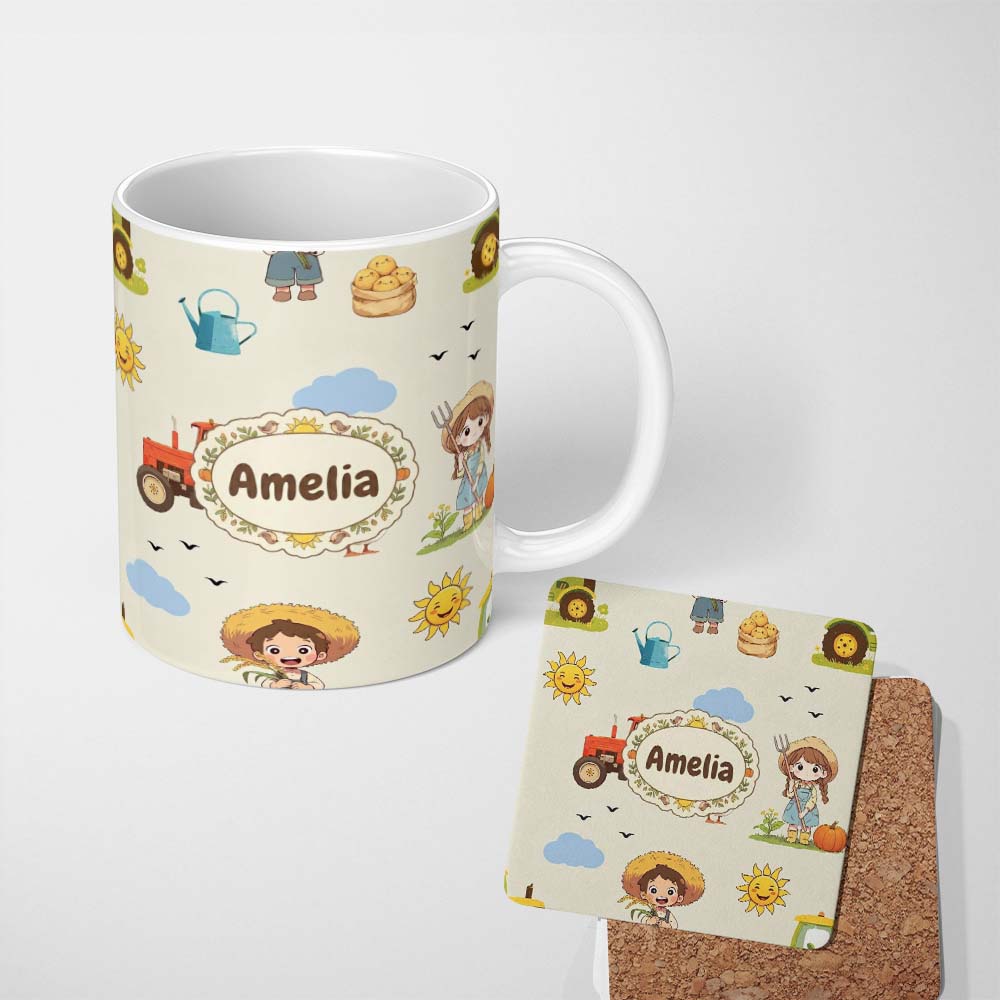 Personalized Custom Name Cute Farm Tractor Duck Girl Farming Scene Cream Background Seamless 11oz Ceramic Coffee Tea Mug White Large Handle