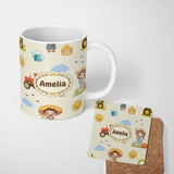 Personalized Custom Name Cute Farm Tractor Duck Girl Farming Scene Cream Background Seamless 11oz Ceramic Coffee Tea Mug White Large Handle