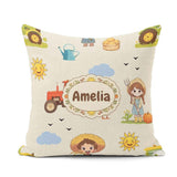 Custom Name Farm Tractor Duck Girl Farming Scene Cream Seamless Square Filled Cushion Throw Pillow Sofa Bed Home Decor Zip Washable UK Made