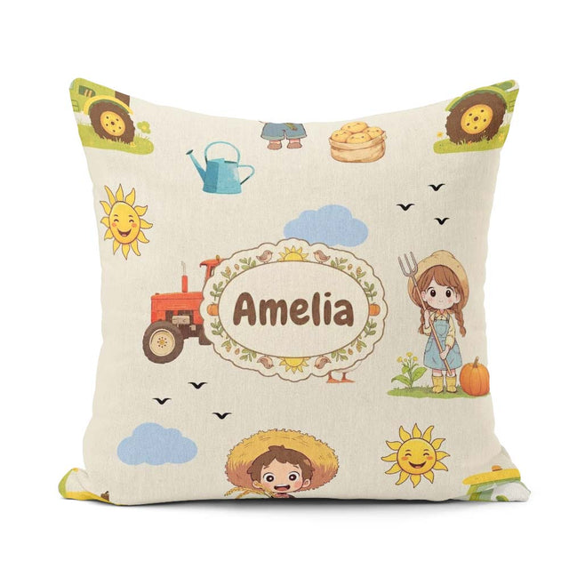 Custom Name Farm Tractor Duck Girl Farming Scene Cream Seamless Square Filled Cushion Throw Pillow Sofa Bed Home Decor Zip Washable UK Made