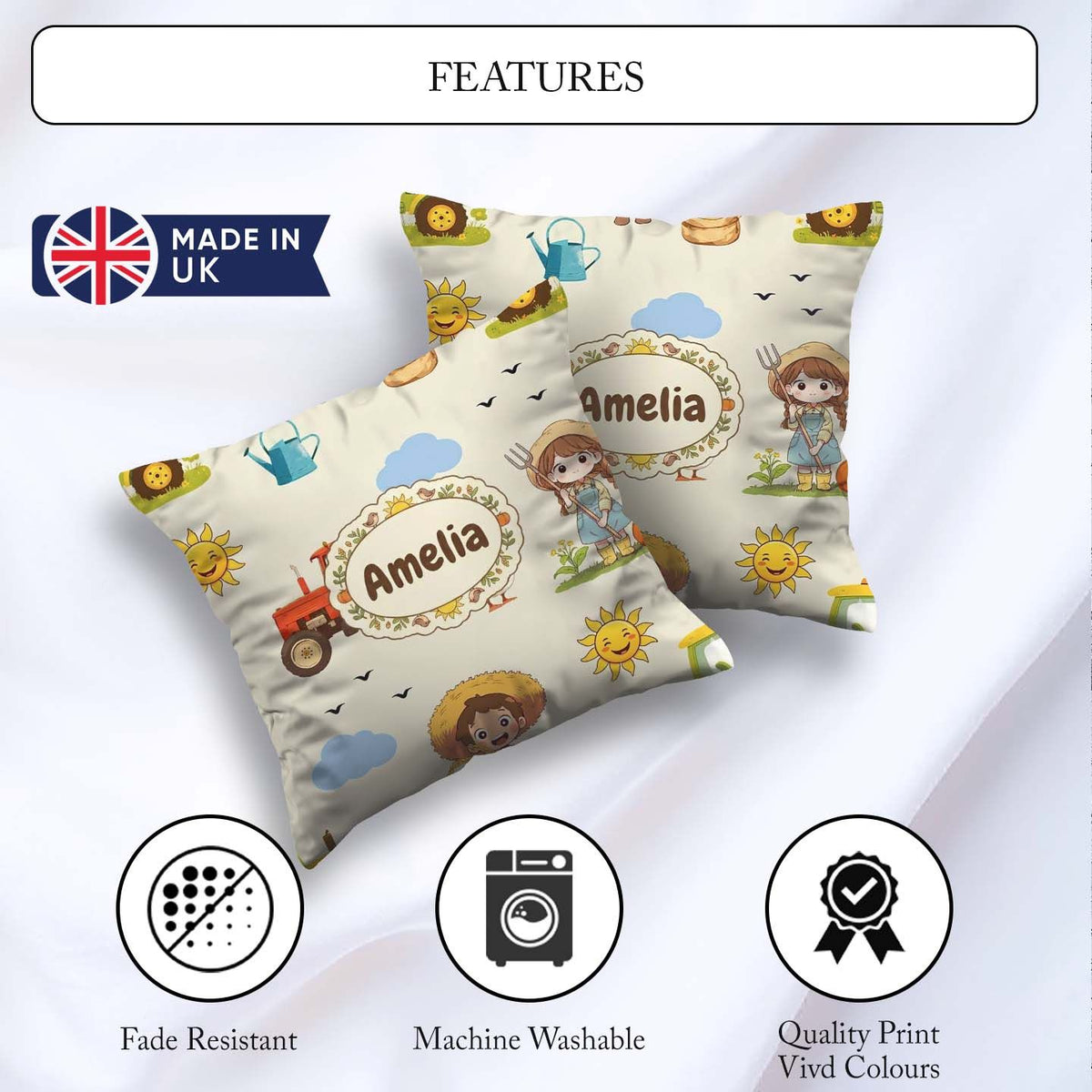 Custom Name Farm Tractor Duck Girl Farming Scene Cream Seamless Square Filled Cushion Throw Pillow Sofa Bed Home Decor Zip Washable UK Made