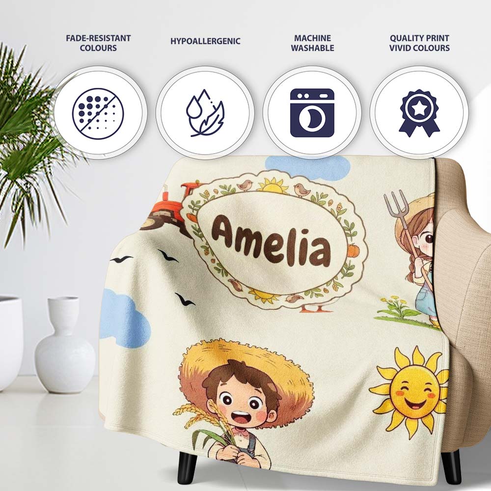 Cute Farm Tractor Duck Girl Farming Scene Cream Background Seamless  Personalised Custom Name Super Soft Fleece Blanket Bed Sofa Throw