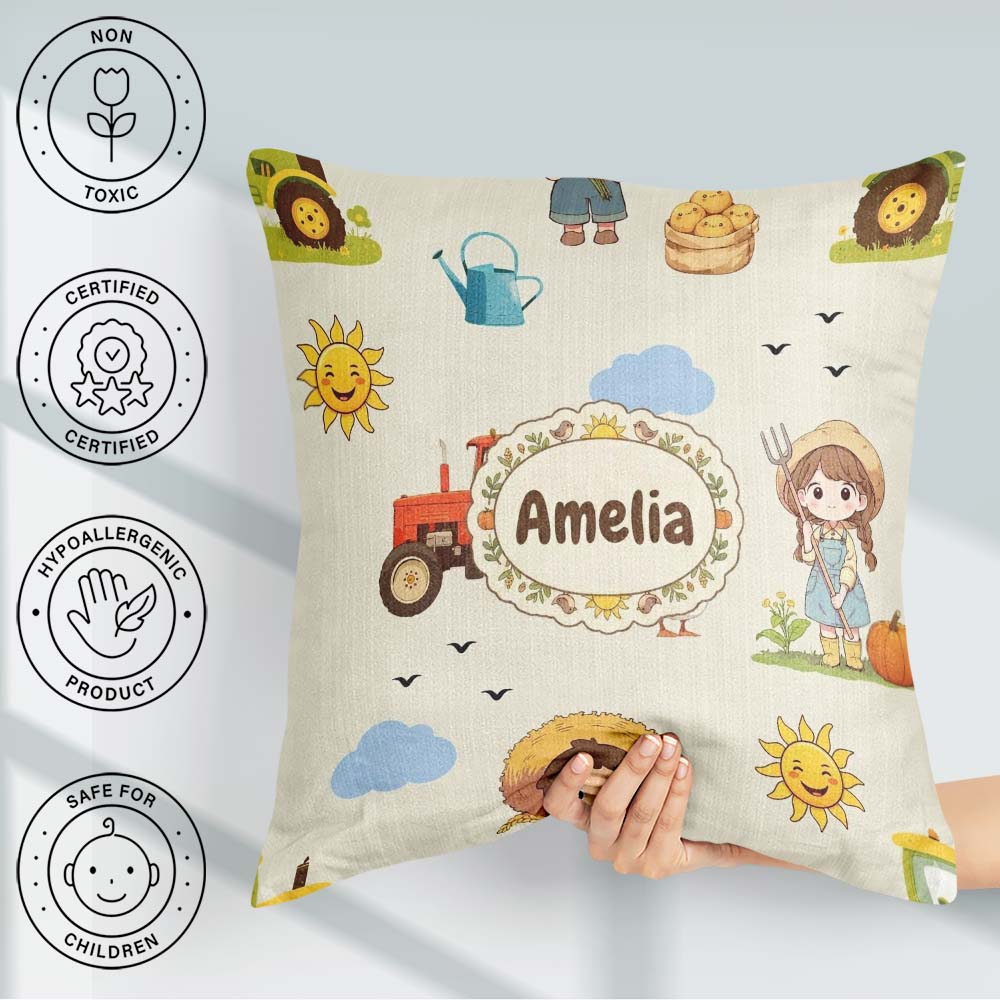 Custom Name Farm Tractor Duck Girl Farming Scene Cream Seamless Square Filled Cushion Throw Pillow Sofa Bed Home Decor Zip Washable UK Made