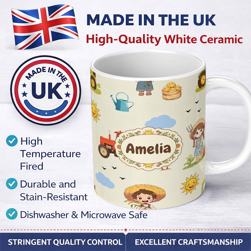 Personalized Custom Name Cute Farm Tractor Duck Girl Farming Scene Cream Background Seamless 11oz Ceramic Coffee Tea Mug White Large Handle