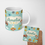 Personalized Custom Name Cute Farm Tractor Duck Girl Sunny Field Teal Background Seamless 11oz Ceramic Coffee Tea Mug White Large Handle