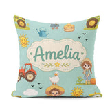 Custom Name Farm Duck Girl Sunny Field Teal Background Seamless Square Filled Cushion Throw Pillow Sofa Bed Home Decor Zip Washable UK Made