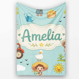 Cute Farm Tractor Duck Girl Sunny Field Teal Background Seamless  Personalised Custom Name Super Soft Fleece Blanket Bed Sofa Throw