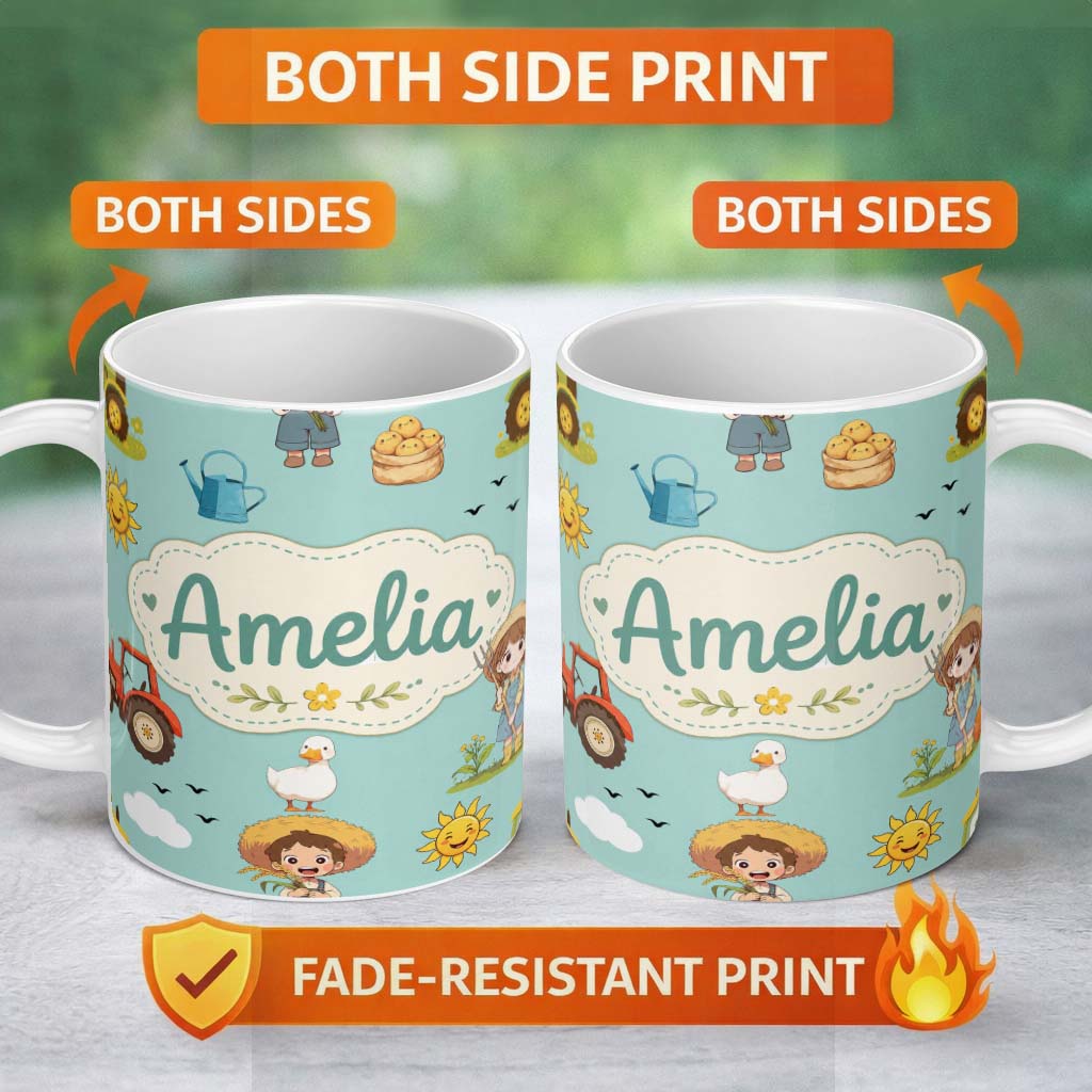 Personalized Custom Name Cute Farm Tractor Duck Girl Sunny Field Teal Background Seamless 11oz Ceramic Coffee Tea Mug White Large Handle